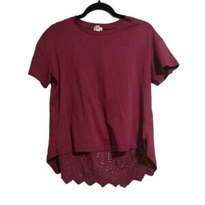 Anthropologie Tiny Burgendy Wine Short Sleeve Top Sz XS Eyelet Highlow Hem Shirt